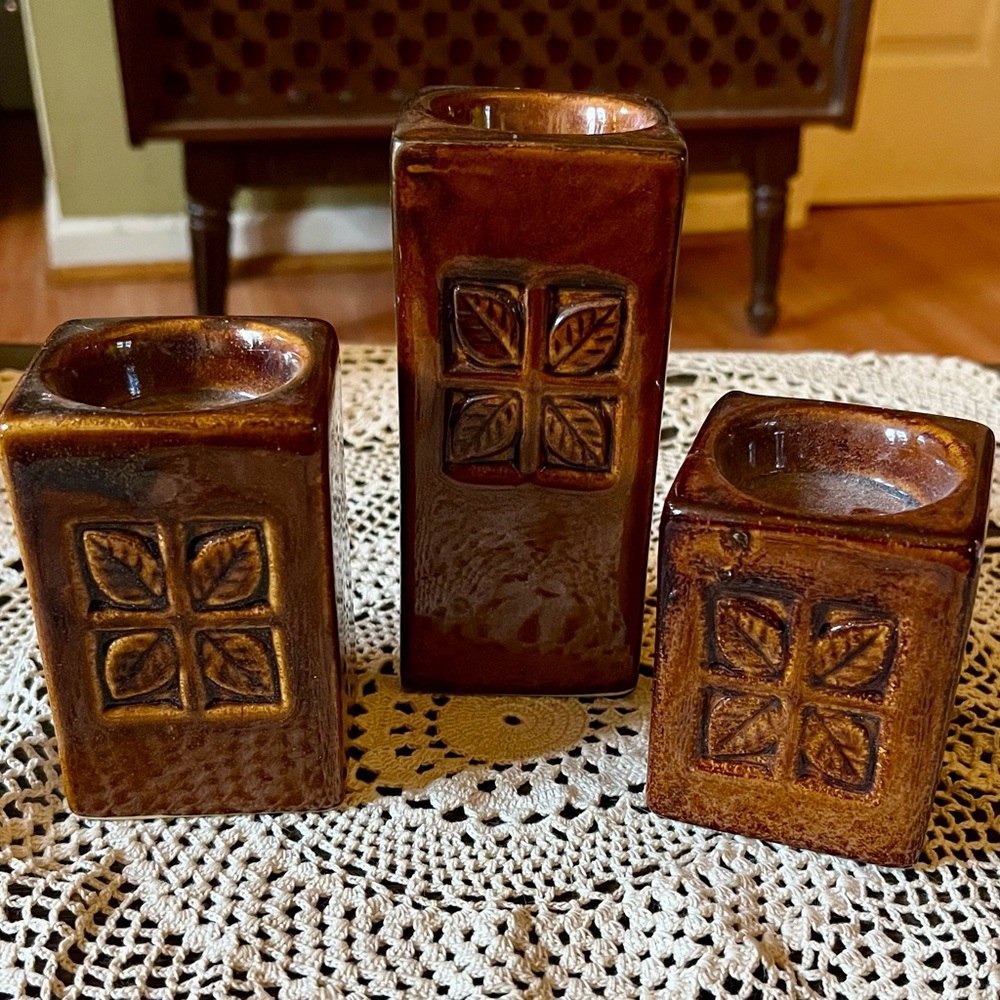 Vintage Stoneware Handmade Ceramic Tea Light Candle Holders Set Of 3